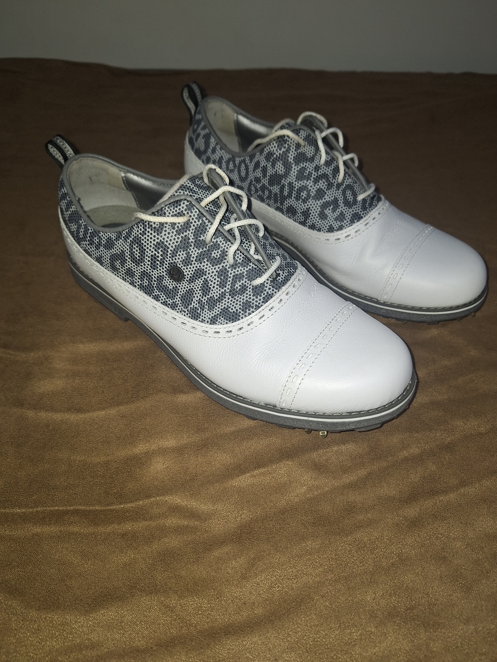 FootJoy Women's White Golf Shoes with Gray Leopard Accent